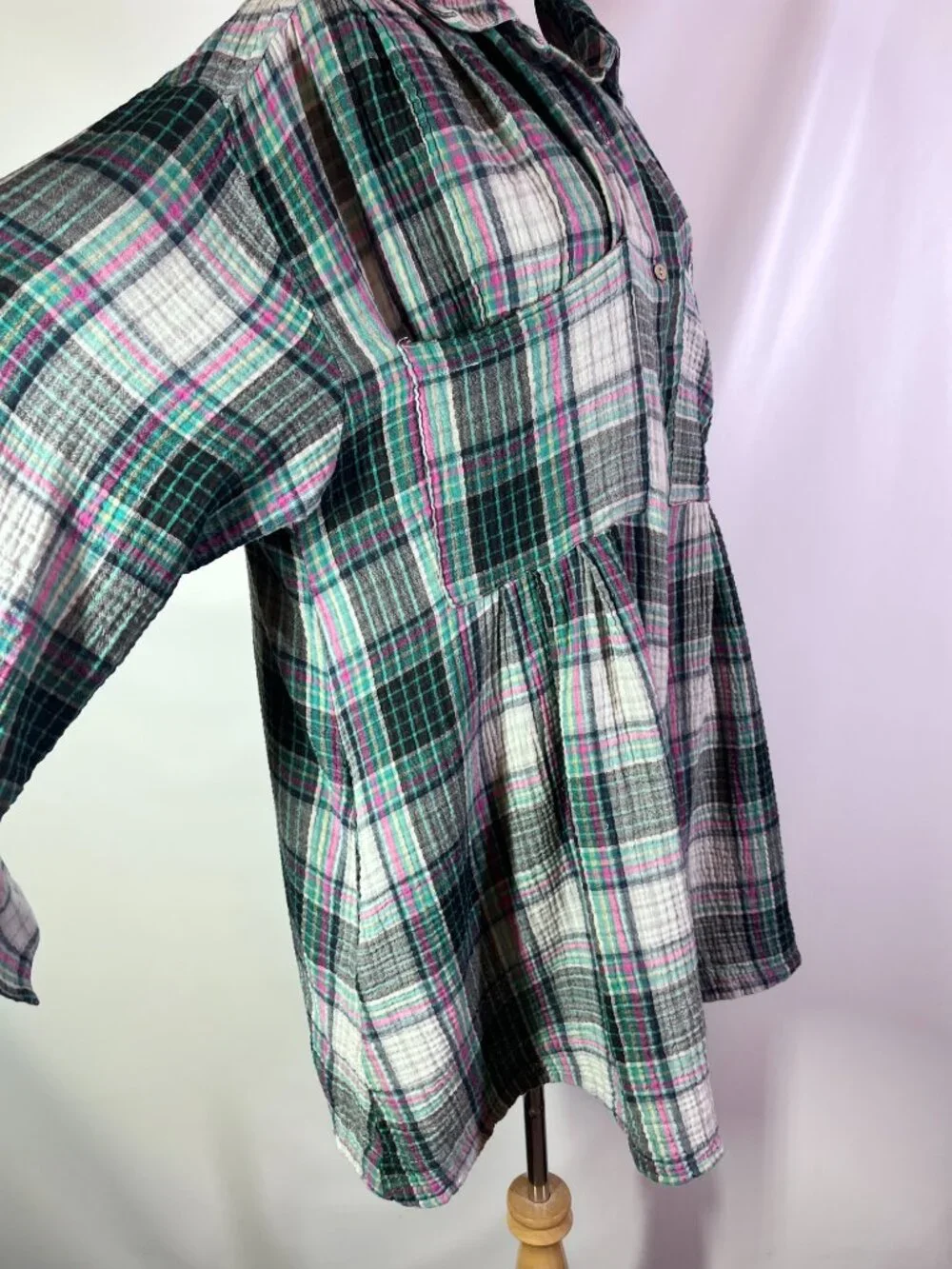 Free People XL The Voyage Shirt Dress Gauze Plaid Button-Up Long Sleeve Pockets